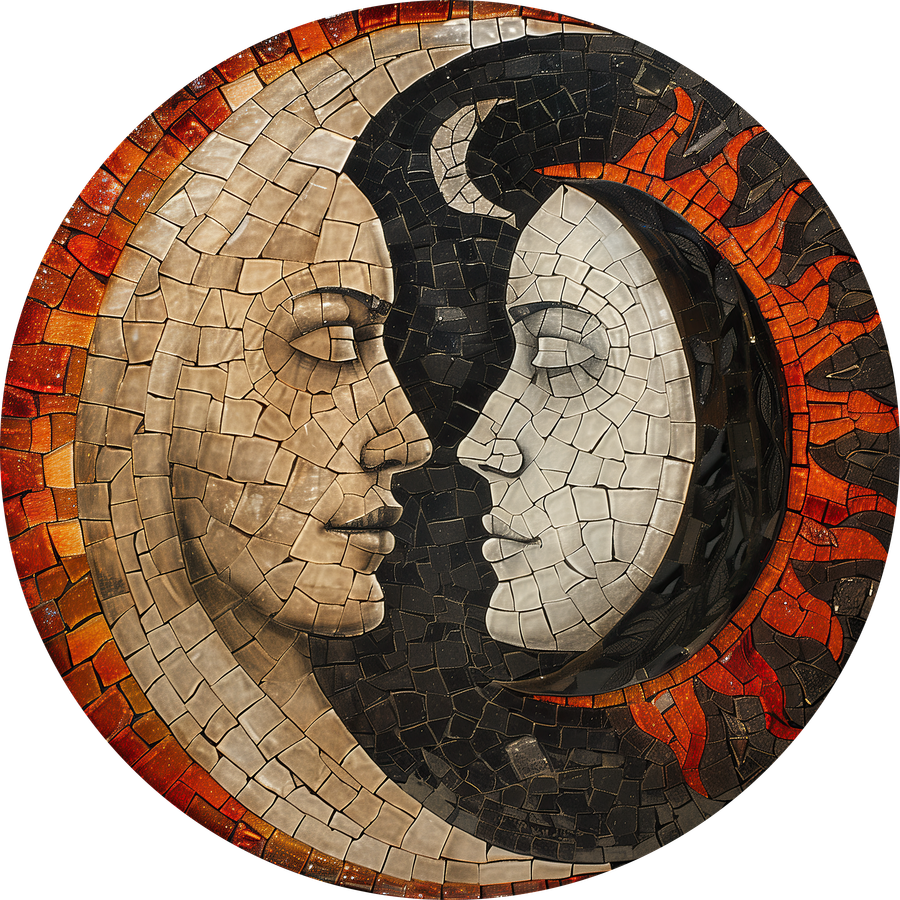 A light face and a dark face in profile, meeting within a sun-fire mosaic